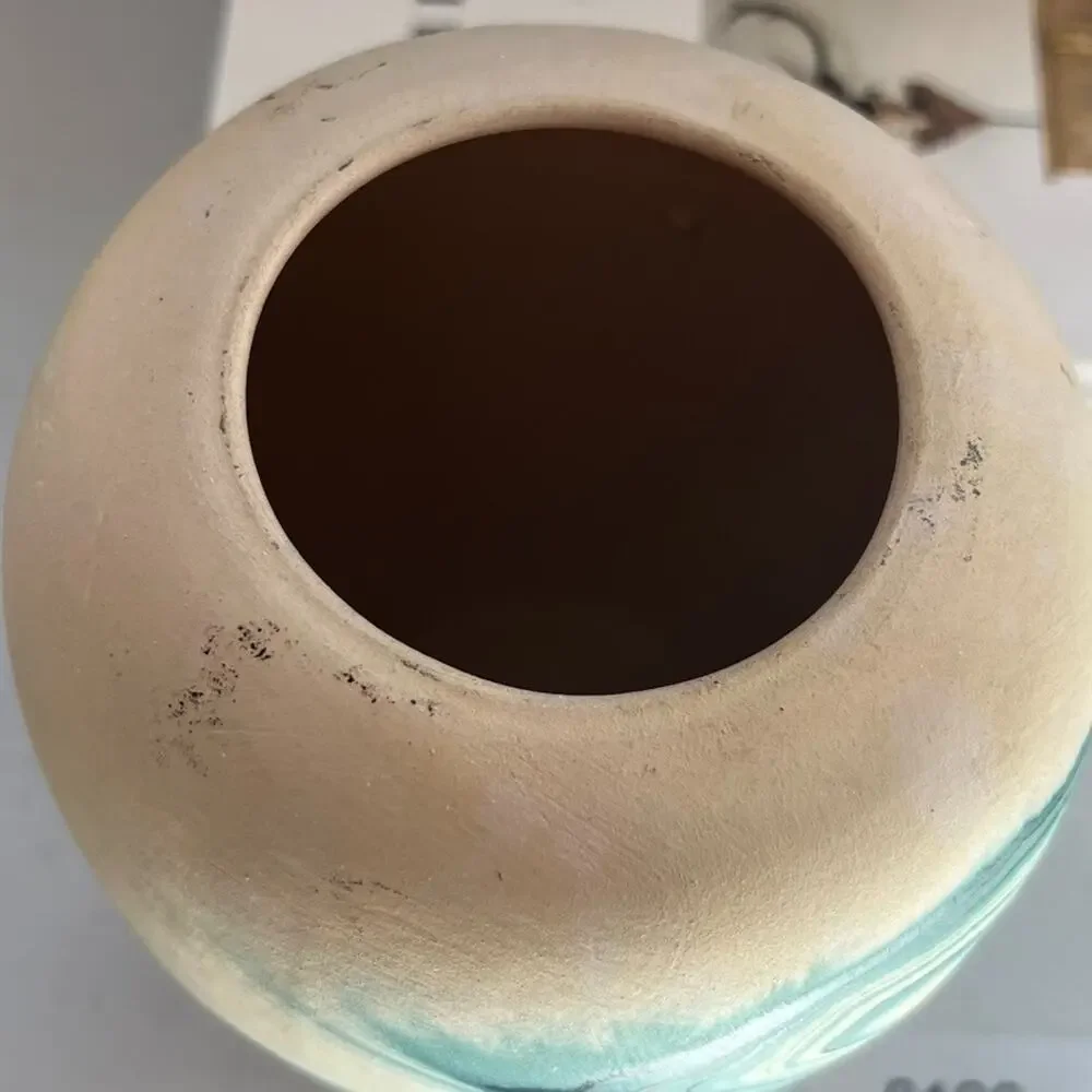 Nemadji Vase Pottery 6.5 x 5 in Round Ivory & Blue Swirl Hand Painted
